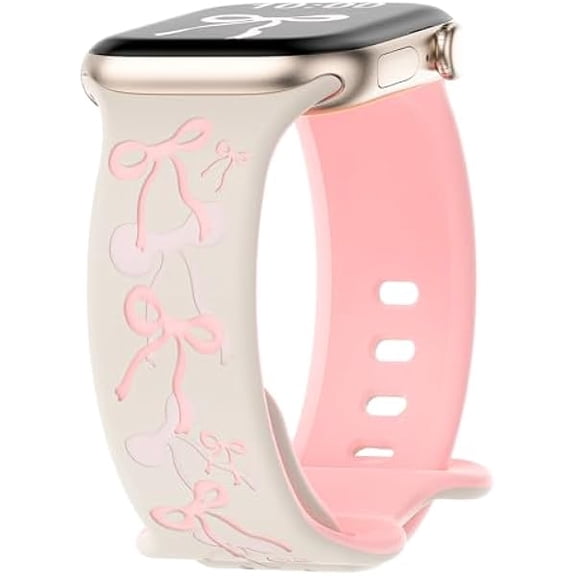 Engraved Bow Band Compatible for Apple Watch Bands for Women 40mm 42mm 41mm 38mm 44mm 45mm 46mm 49mm, Cute Silicone Inlay Dressy Pink Ribbon Strap for iWatch Series 11 10 9 8 7 6 5 4 3 SE Ultra