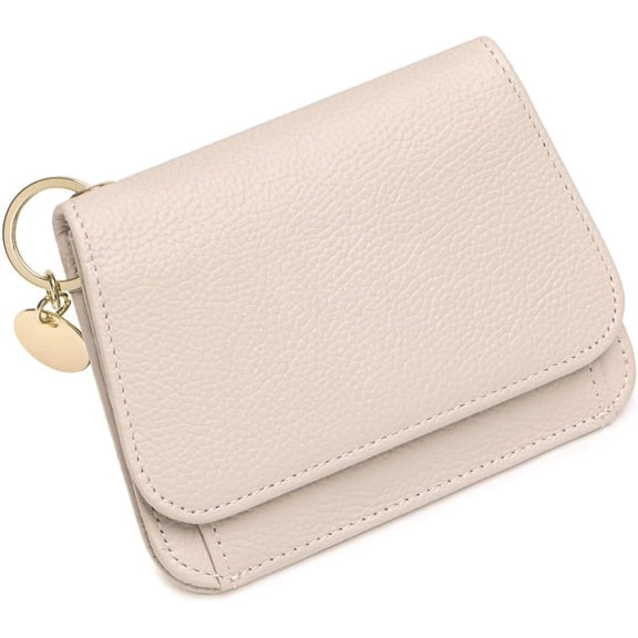 Slim Leather Wallet For Women Small TriFold Credit Card Holder With Coin pocket, ID Window, Keychain, Beige
