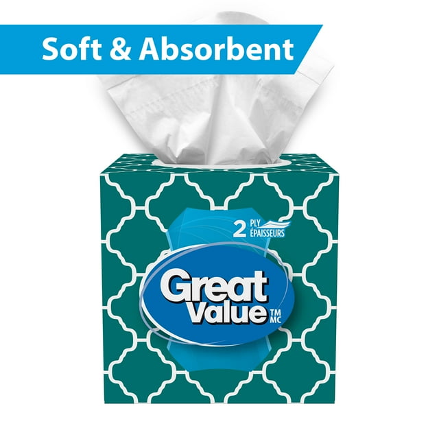Great Value 2-Ply Facial Tissues, 1 Cube Box, 80 Tissues