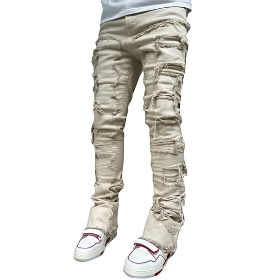 Men’s Slim Fit Distressed Ripped Jeans with Frayed Detailing and Classic Five Pocket Design for Casual Wear