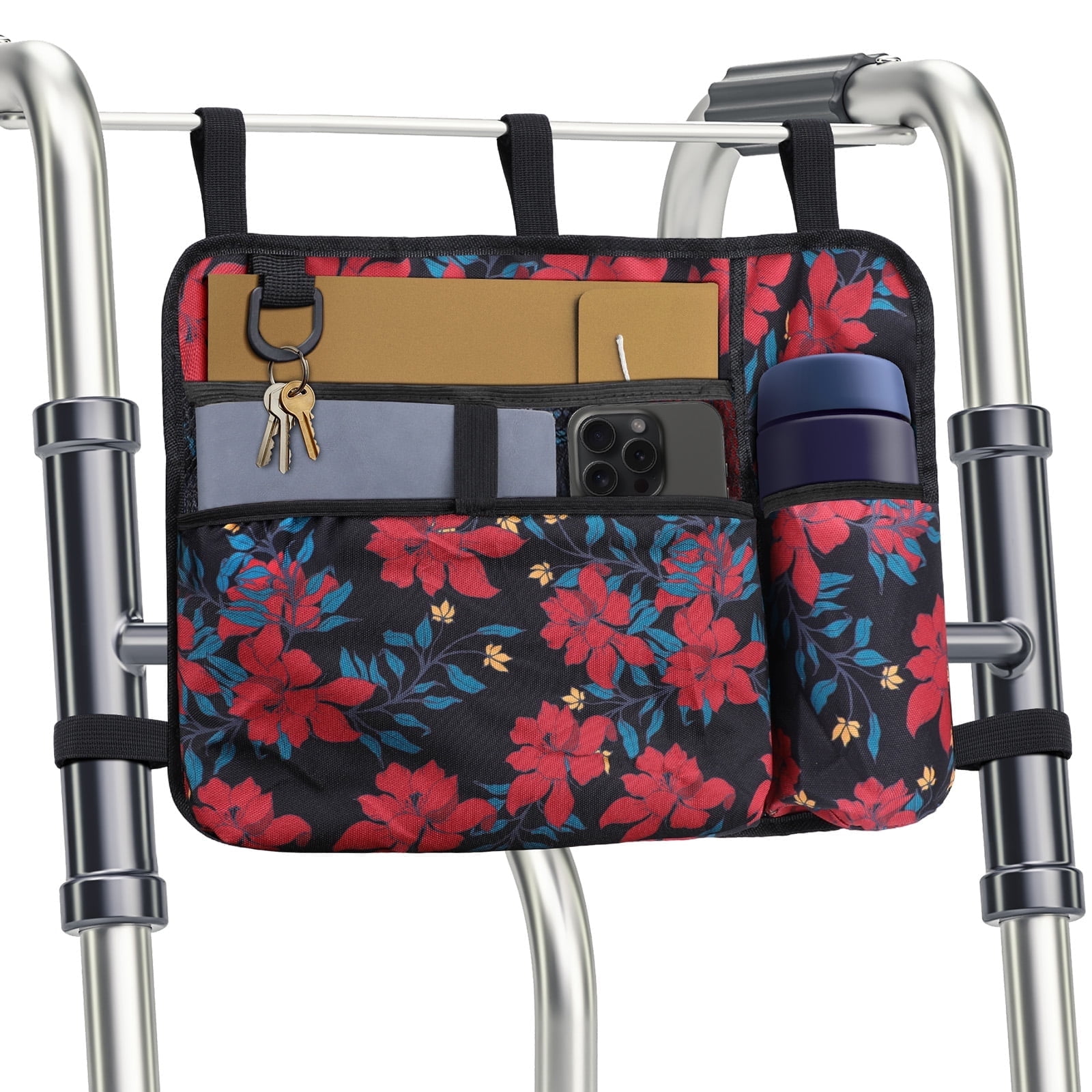 Troxlin Walker Storage Bags for Seniors – Waterproof Wheelchair & Walker Pouch with Multiple Storage Pockets, Universal Fit Rollator Accessories – Senior Walker Organizer Bag（Bauhinia）