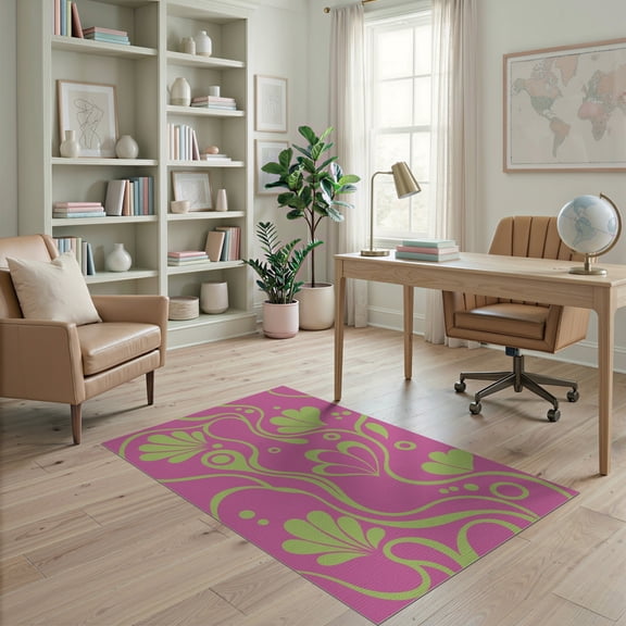 ODIKA 4'x6' Pink Hot Flourish with Chartreuse Accents Washable Area Rug Elegant Swirls and Botanical Motifs for Modern Stain Resistant, Low Pile, Easy Care for Dorm Room, Small Living