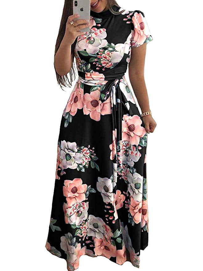 Summer Boho Sundresses for Women Casual Floral Printed Short Sleeve Maxi Long Dress with Pockets 