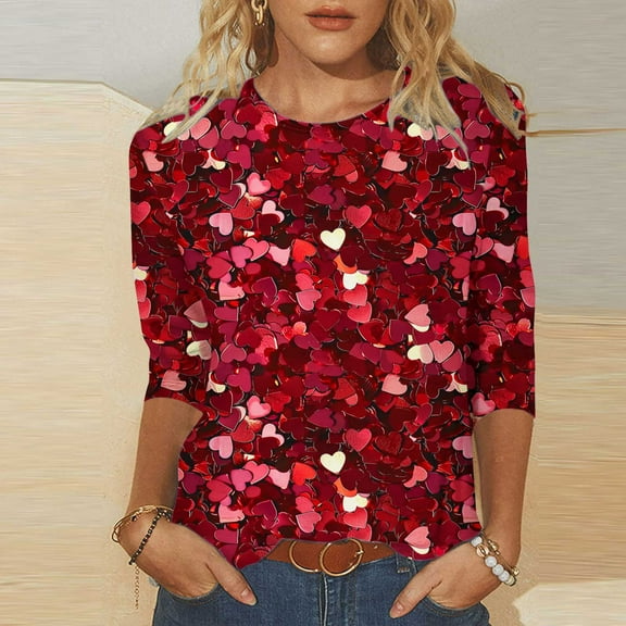 SOOMLON Womens 3/4 Length Sleeve Blouses Plus Size Tunic Cotton Tops Casual Crew Neck Shirts Funny Sparkly Print T Shirts 2025 Trendy Spring Summer Ladies Tops Loose Fit Basic Outfits Pullover XL