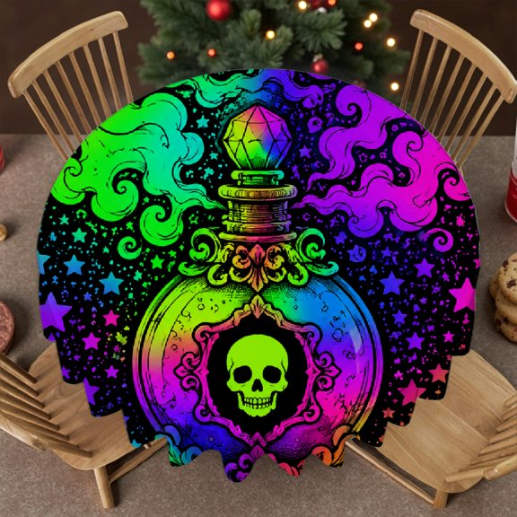 RKSupls Holographic Skull Mushroom Rainbow Black Round Tablecloth, Machine-Made - Kitchen Accessories Soft, Wedding, Party, Home Dining
