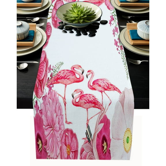 Table Runner Dresser Scarves 90 Inch Long, Watercolor Pink Flamingo Blooming Floral Linen Dining Table Runners Tropical Summer Theme Tabletop Scarf for Wedding Holiday Party Kitchen
