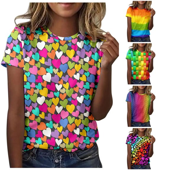 XIAONU Women's Multicolor Heart All Over Print Crew Neck Tee Relaxed Outdoor Daily Top