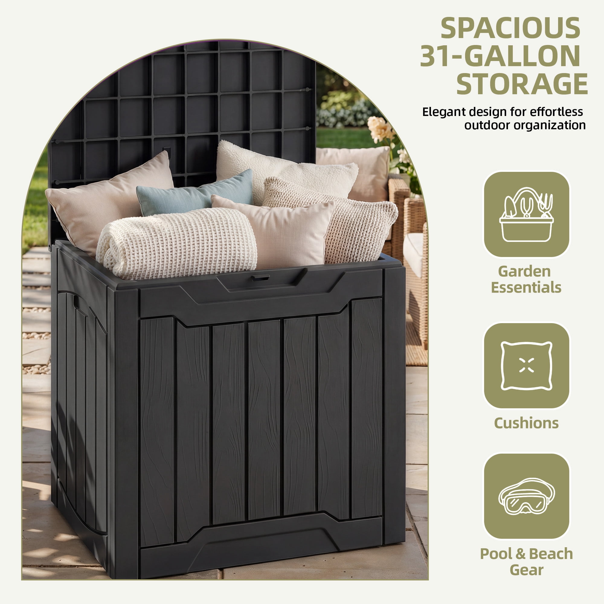 Dextrus 31 Gallon Resin Outdoor Storage Box, Waterproof Lockable Deck Box for Patio, Garden, Pool Supplies and Package Delivery, Outdoor Organizer, Black