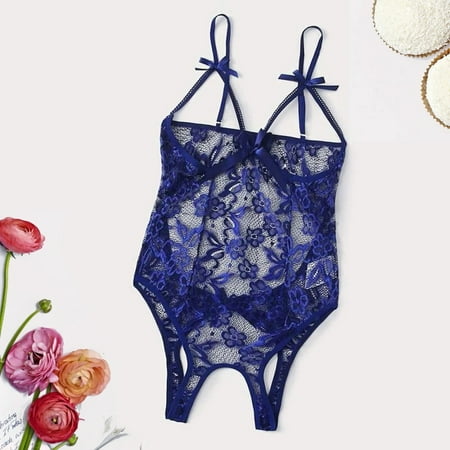 Dyfzdhu Crotchless Bodysuits for Women Bow Lace Hollow Open Crotch Teddy Bodysuit Backless Jumpsuit Lingerie