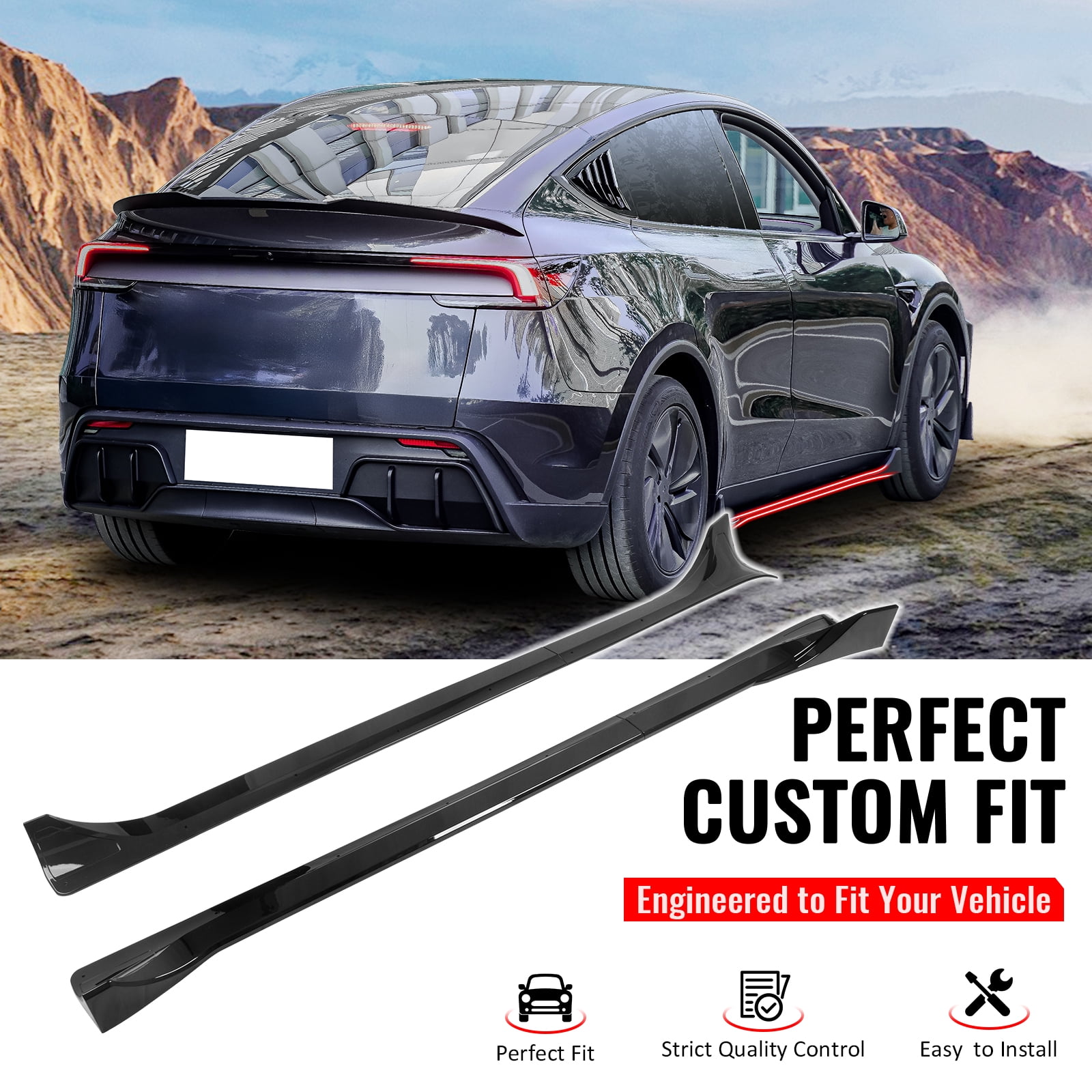 Ikon Motorsports Side Skirts Extension, Compatible with 2025-2026 Tesla Model Y Juniper, IKON Style ABS Plastic Gloss Black Rocker Panel Splitter Side Underbody Spoiler 2PC