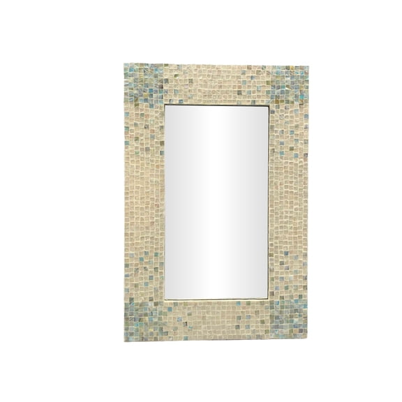 DecMode 24" x 36" Cream Handmade Mosaic Wall Mirror with Blue Corners