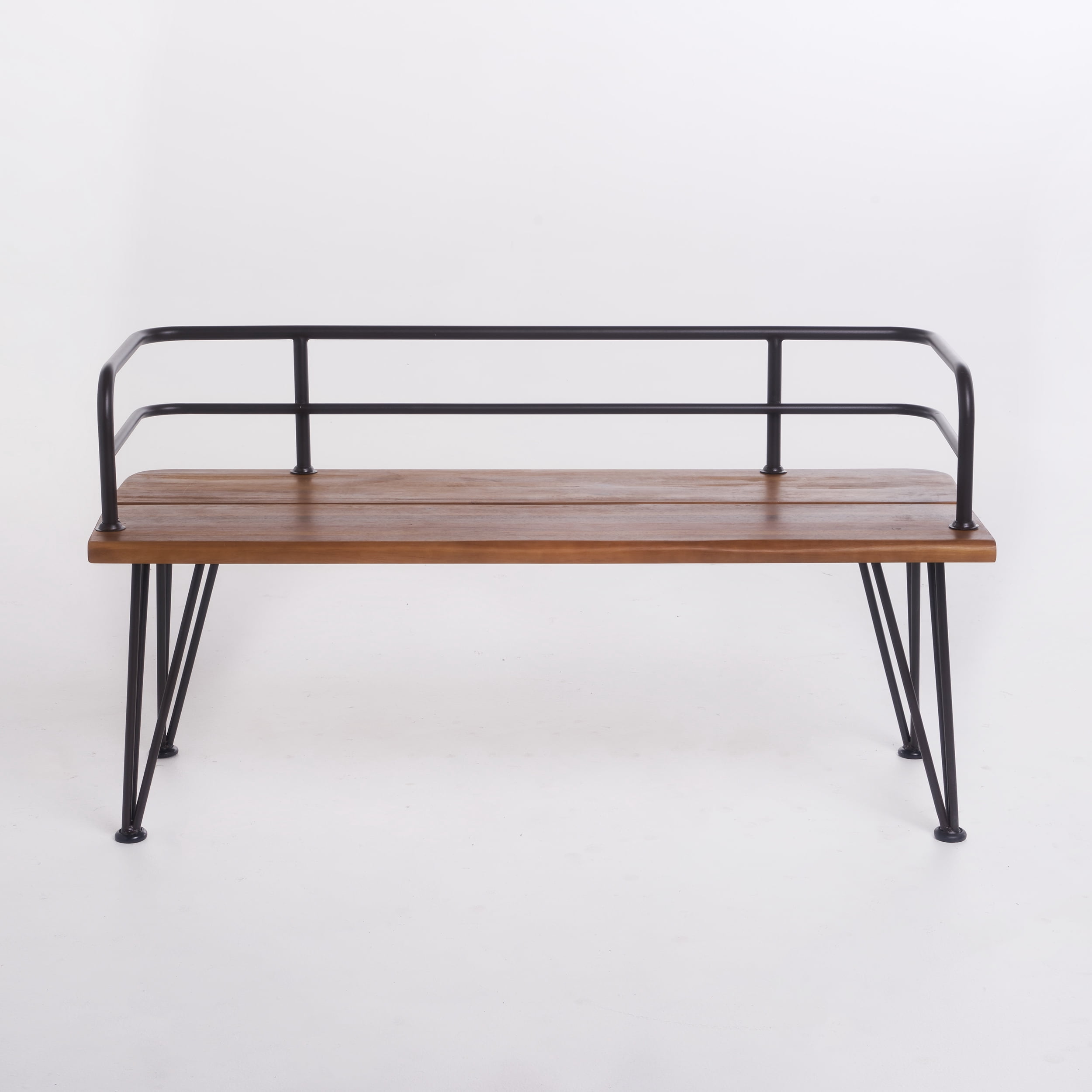 Euroco Rustic Acacia Wood Outdoor Bench with Powder-Coated Iron Frame, Patio Garden Seating