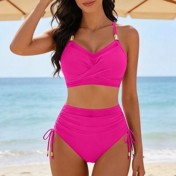 High Waisted Bathing Suit for Women Women's High Waisted Bikini Sets Tummy Swimsuits Ruched V Neck Bathing Suit Summer Beach Vacation Wear XL