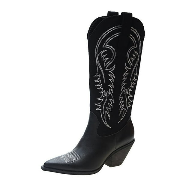 jovati Womens Shoes Retro Embossing Pattern Mid Heel Zipper Fashion Leather High Boots