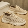 thumbnail image 5 of Domuza Womens Striped Fly Knit Slip On Sneakers, Elastic No-Tie Lace Lightweight Platform Casual Walking Shoes with Fashion Letter Detail Beige 5.5（EU-36）, 5 of 5