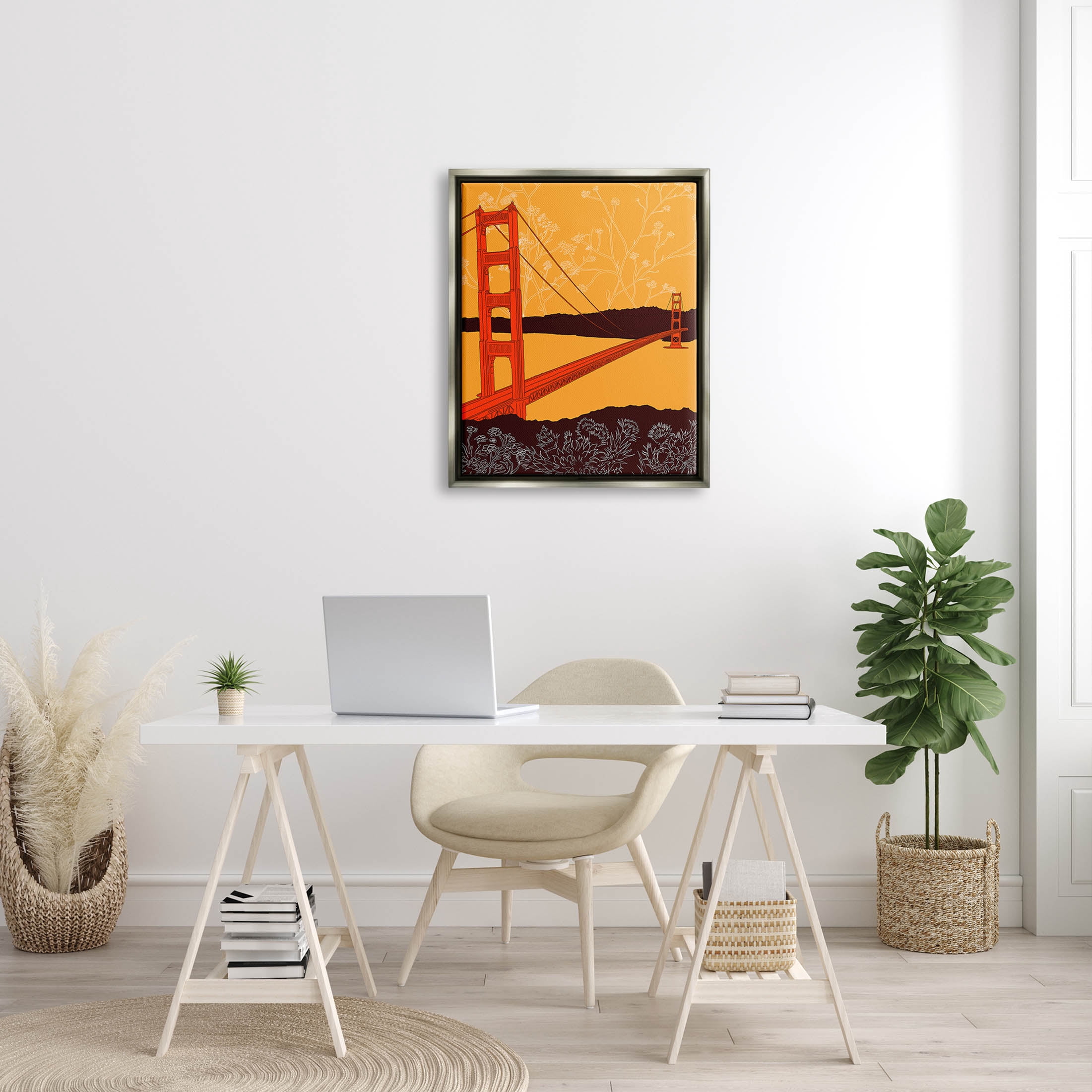 Stupell Industries Floral Pattern Water Bridge Graphic Art Luster Gray Floating Framed Canvas Print Wall Art, Design by Shane Donahue