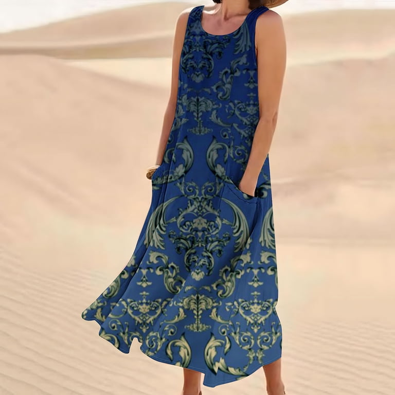 designer cotton summer dresses Giftesty Summer Dresses for Women Sleeveless Cotton and Linen Round Neck Printed Long Dress with Pocket, Women's, Size: Small, Blue