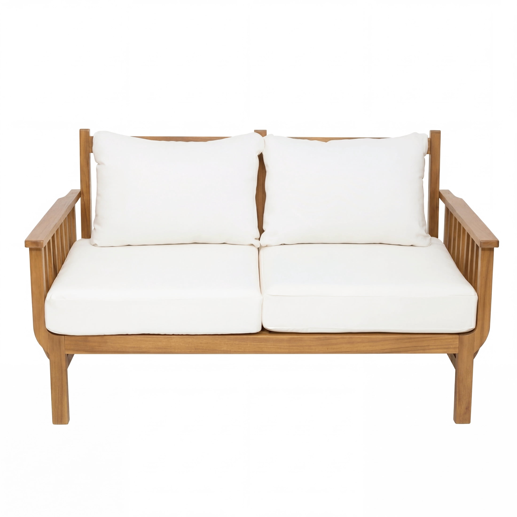Christopher Knight Home Mid-Century Outdoor Loveseat, Acacia Wood Frame with Cushion, Natural+Beige