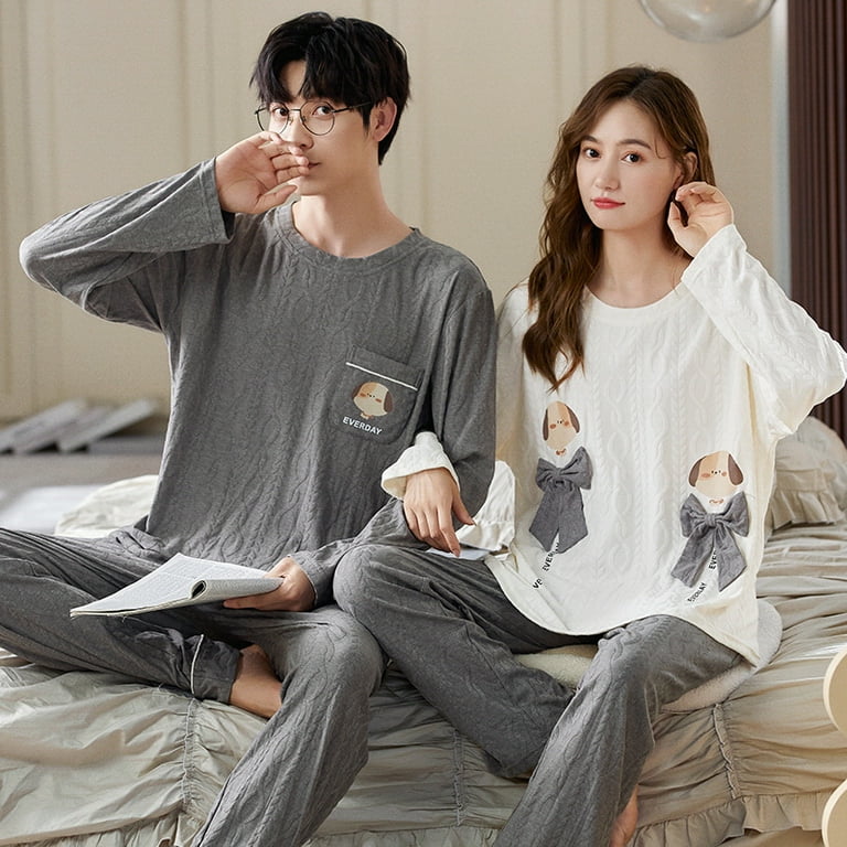 Korean Men Pijamas Set Cotton Women Pajamas Set Autumn