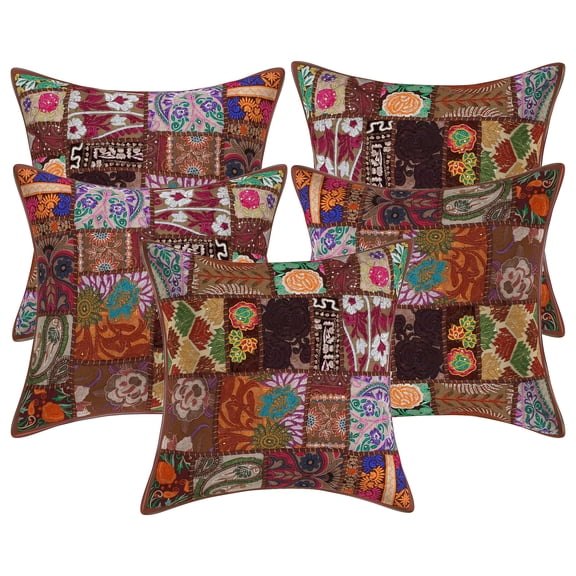 Stylo Culture Ethnic Cotton Living Room Throw Pillow Covers Dark Brown 16x16 Bohemian Vintage Patchwork Ethnic Sofa Cushion Covers 40 x 40 cm Decorative Floral Square Pillow Cases | Set Of 5