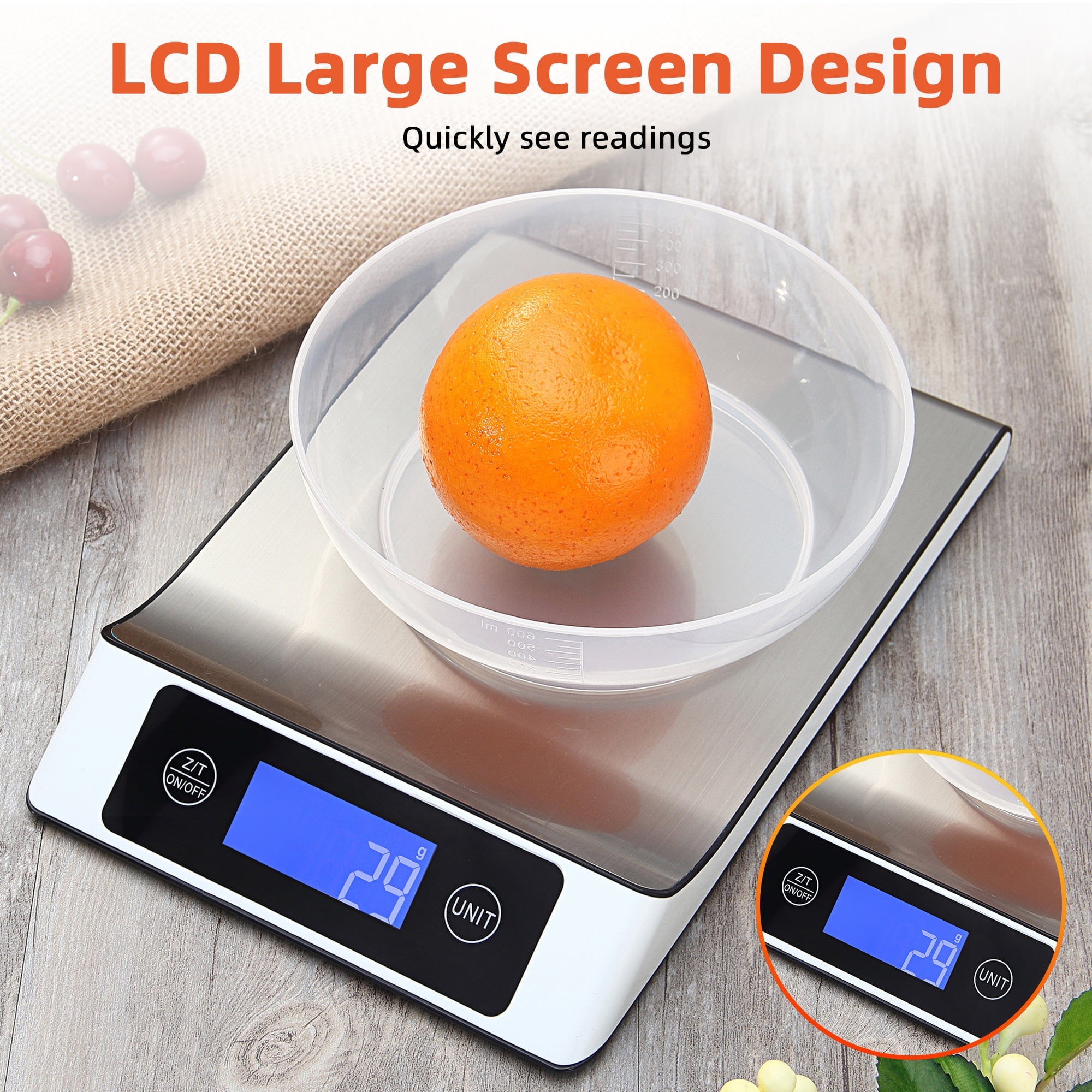 Food Scale, Kitchen Scale, MULISOFT Food Scales for Kitchen, LCD Display in Grams, Ounces, Pounds, Kilogram, Milliliter, Stainless Steel, 7 Units with Tare Function