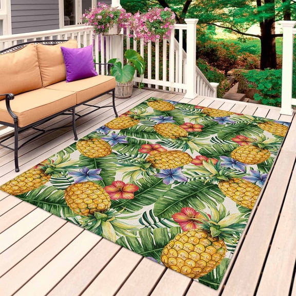 Pineapple Outdoor Rug for Patio/Deck/Porch, Non-Slip Large Area Rug 4 x 6 Ft, Tropical Plants Flowers Fruit Watercolor Indoor Outdoor Rugs Washable Area Rugs, Reversible Camping Rug Carpet Runner