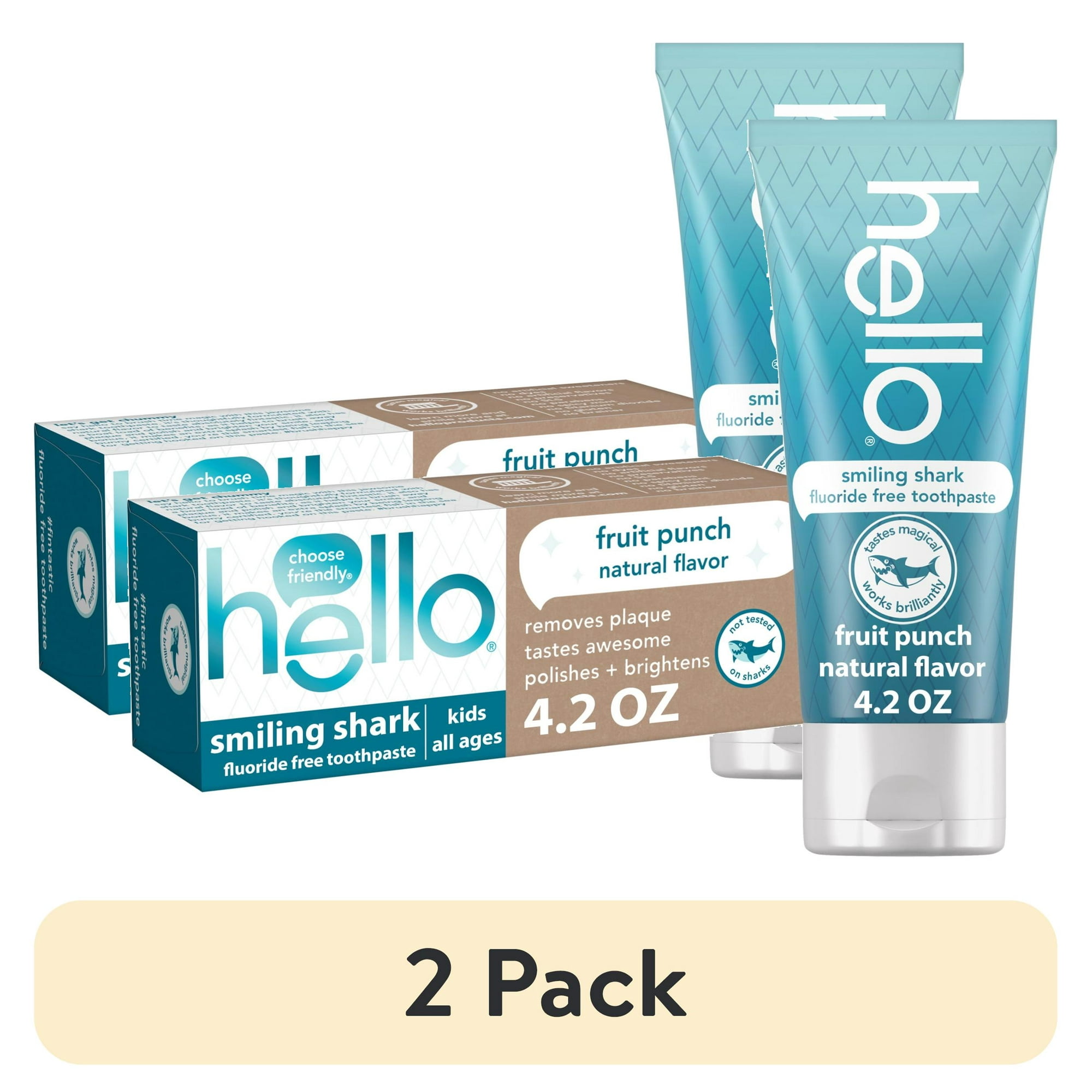 (2 pack) hello Smiling Shark Fluoride Free Kids Toothpaste, Natural Fruit Punch, 4.2 Oz Tube