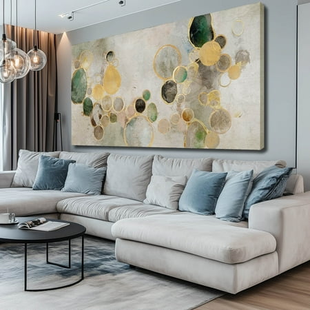 Condition photo showing New/Like New for green and gold home decor line canvas paintings large modern wall art 29 x58 artwork for living room pictures for dining room wall