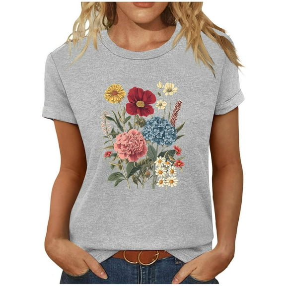 Sokhug T Shirts for Women Crewneck Flowers Graphic Tees Summer Cute Shirts Short Sleeve Tops