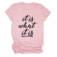 thumbnail image 1 of Camiseta informal de manga corta con cuello redondo y letras negras estampadas para mujer de color rosa, 1 of 4