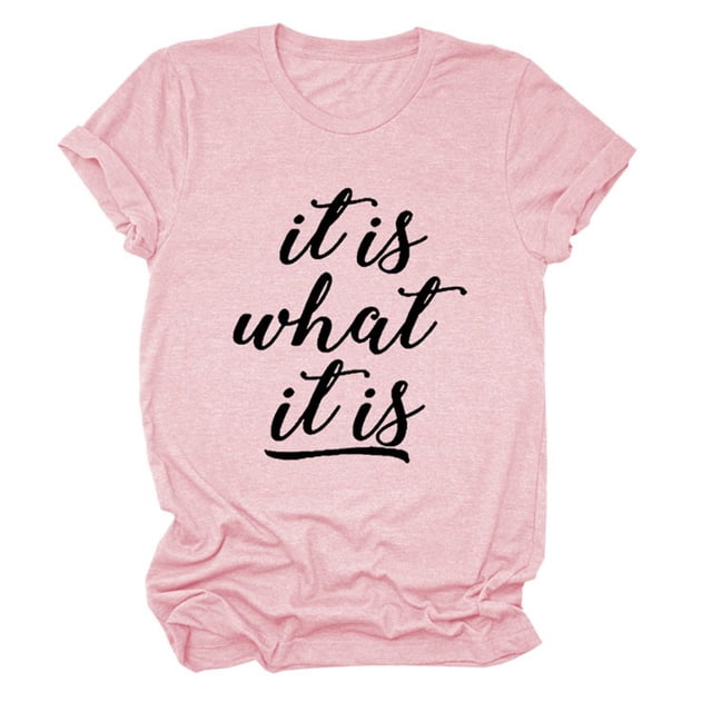 Camiseta informal de manga corta con cuello redondo y letras negras estampadas para mujer de color rosa
