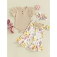 thumbnail image 2 of Bslissey Baby Girls Easter Long Pants Sets Short Sleeve Ribbed Romper + Bunny Print Flare Pants + Bow Headband 3M 6M 12M 18M Infant Toddler Cute Summer 3Pcs Outfits, 2 of 9