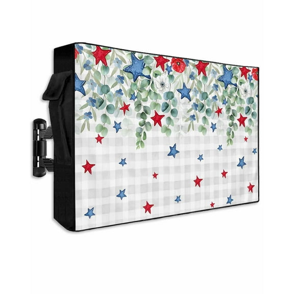 4th of July Outdoor TV Cover 70 to 75 Inch Weatherproof, Independence Day Star Leaves Gray Plaid 600D Oxford TV Covers with Waterproof Zipper, Outside Flat TV Screen Protector Size 68"Wx42"Hx4.5"D
