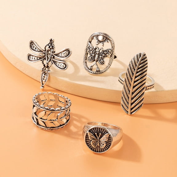 Womens Fashion Rings Set Retro Geometric Rings Alloy Electroplated Rings Leaf Totem Rings Five-Piece Ring Set