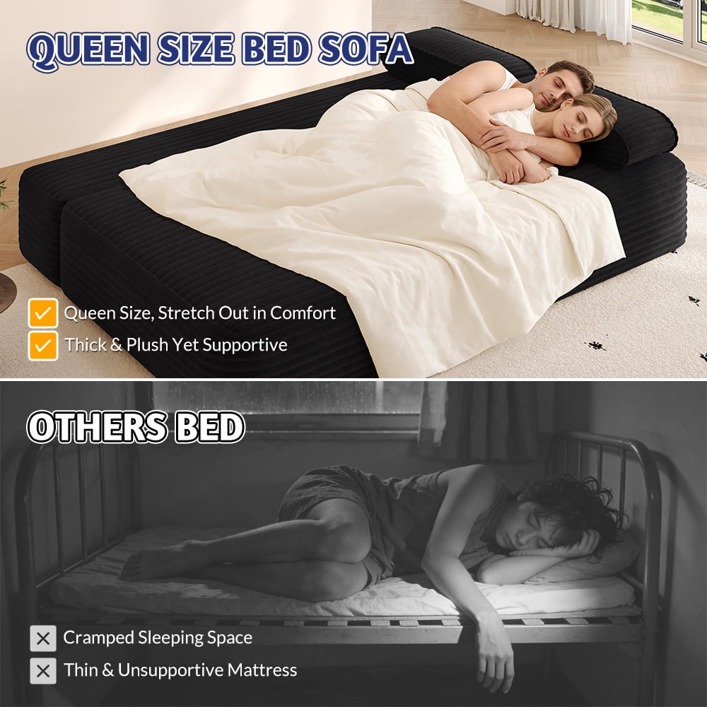 Miniyam 78.7" Sleeper Sofa Bed, Convertible Corduroy Floor Couch, No Assembly, 3 Pillows, Black