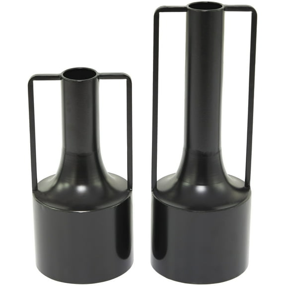 DecMode 16", 12"H Black Metal Vase with Handles, Set of 2