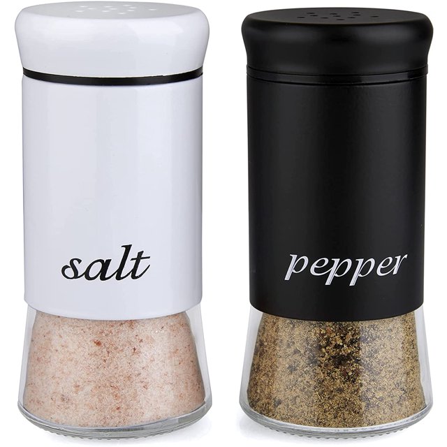 Salt and Pepper Shakers Set, Farmhouse Salt Pepper Shakers with Clear Glass Bottom, 5 oz Salt and Pepper Set for Cooking Table, RV, BBQ, Easy to Clean & Refill White