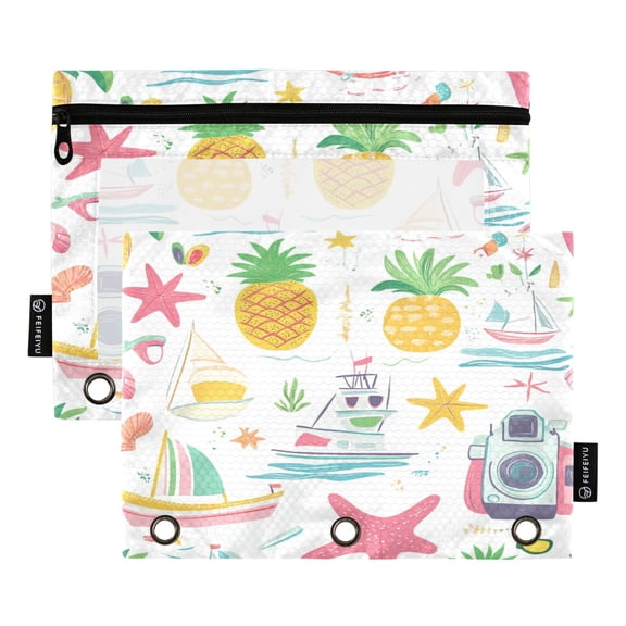 2 Pack 3 Ring Binder Pouch with Clear PVC Window Water Resistant Zipper Pencil Pouch Summer Beach Items Pattern Binder Pocket for Classroom Office Home Stationery Organization