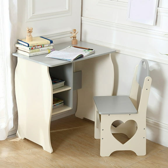 Kids Desk and Chair Set Multifunctional White and Grey Toddler Student Writing Table Set for Home School