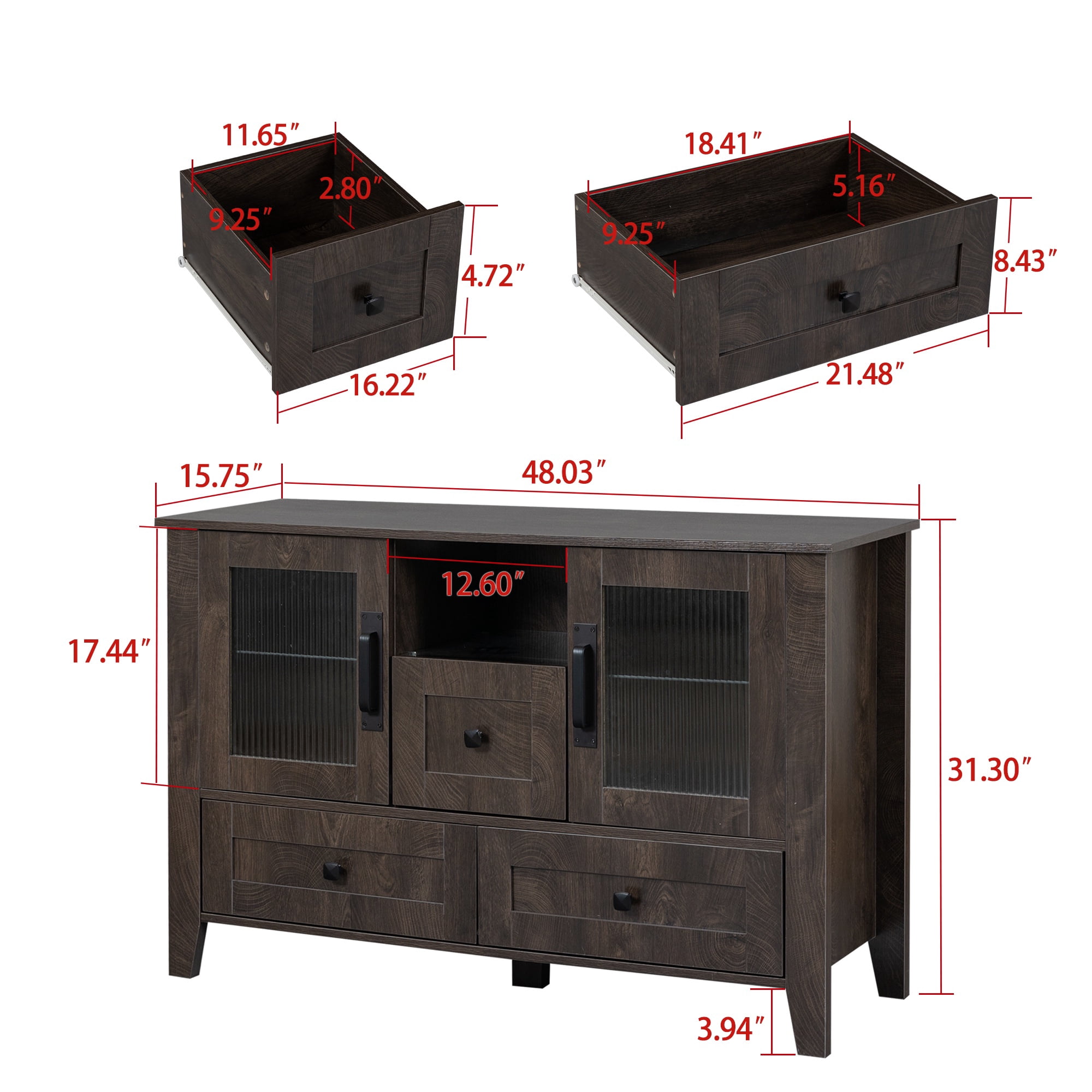 PORKISS Sideboard Cabinet, Modern Sideboard Buffet Cabinet with Lights and Drawers, Coffee Bar Cabinet with Glass Doors and Shelves, Wood Storage Cabinet for Kitchen, Hallway, Gray