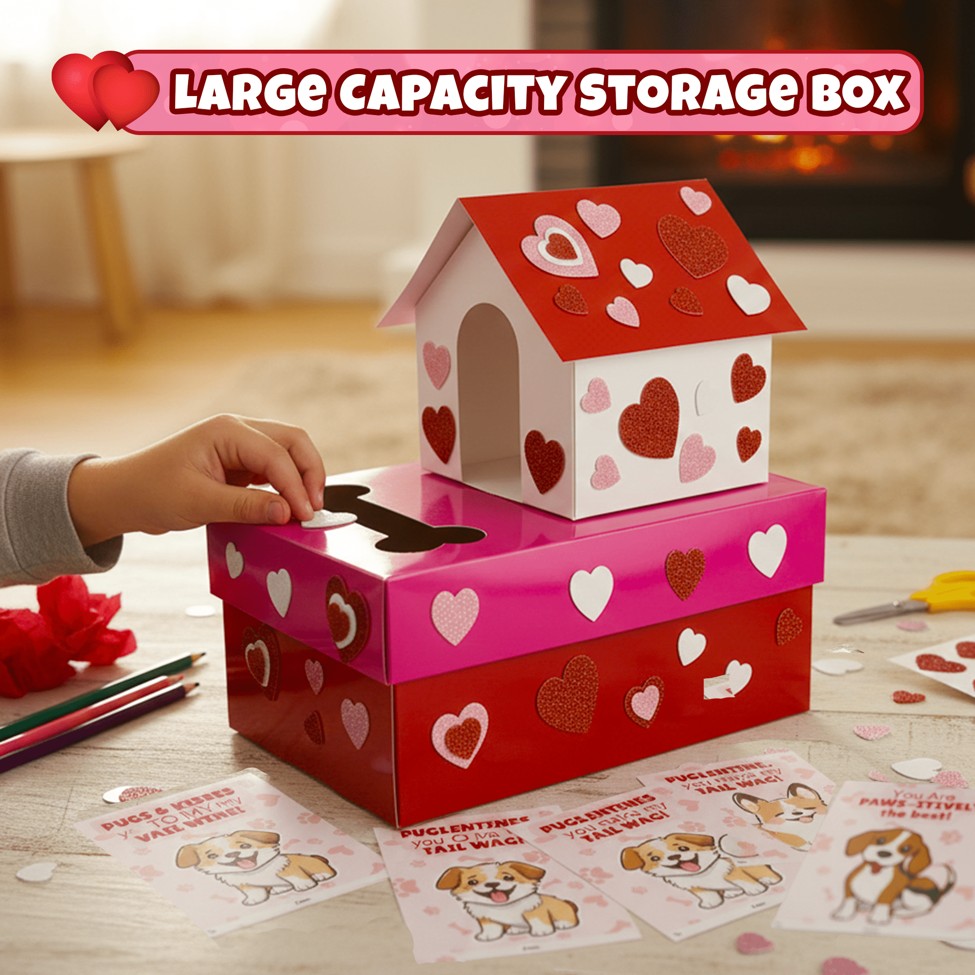 4E's Novelty 32-Piece Valentines Day Box and Cards for Kids, DIY Puppy Mailbox Craft Kit, Classroom Exchange, Includes Teacher Card and Heart Decorations