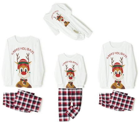 

CenturyX Christmas Family Matching Pajamas Set Long Sleeve Cartoon Elk Print Tops with Plaid Pants Sleepwear Pjs