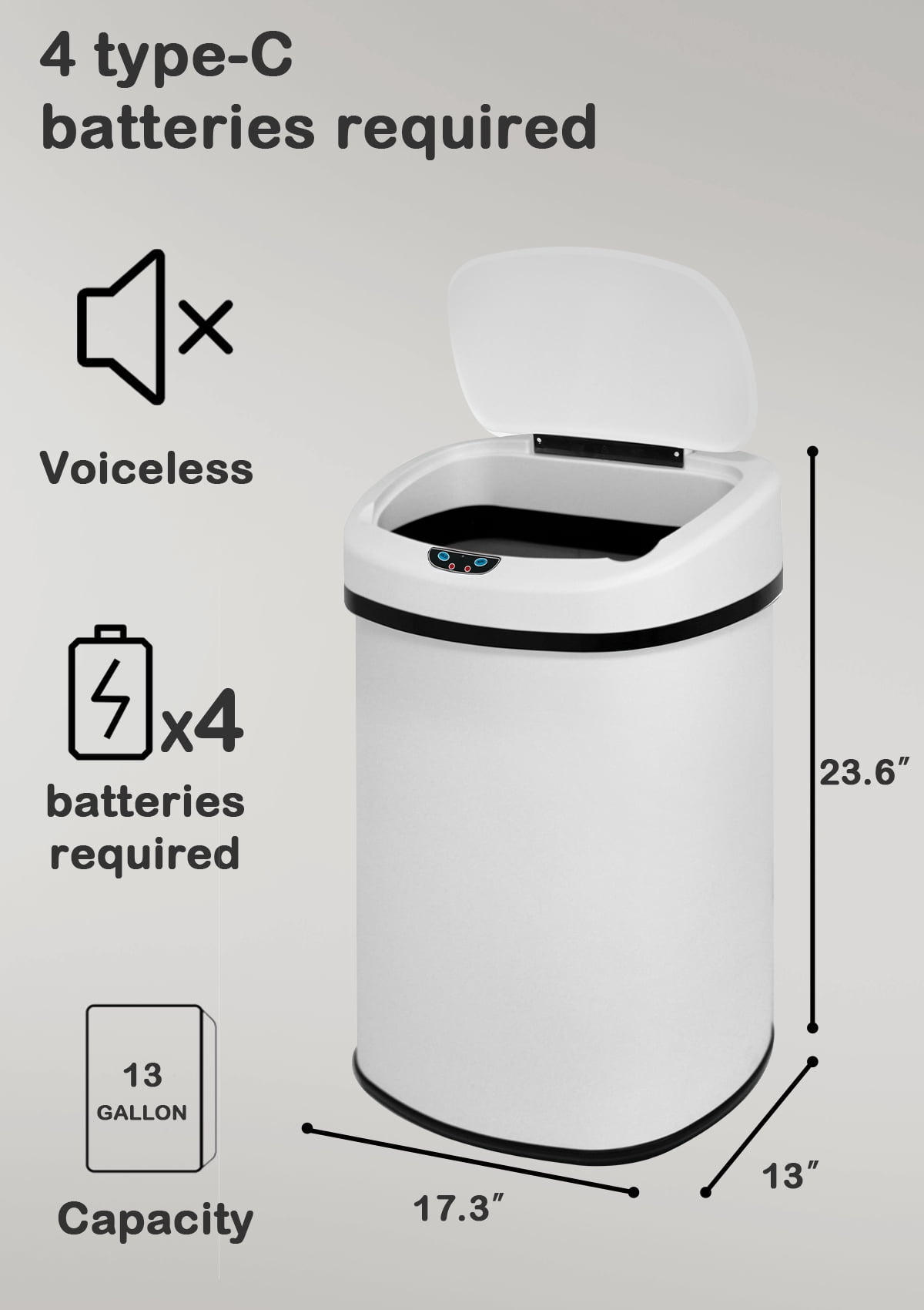 CL.HPAHKL 13 Gallon Kitchen Trash Can with Lid, Stainless Steel Oval Automatic Garbage Can for Home Office Bedroom Living Room Garage, Large Capacity Trash Bin Trashcan, White