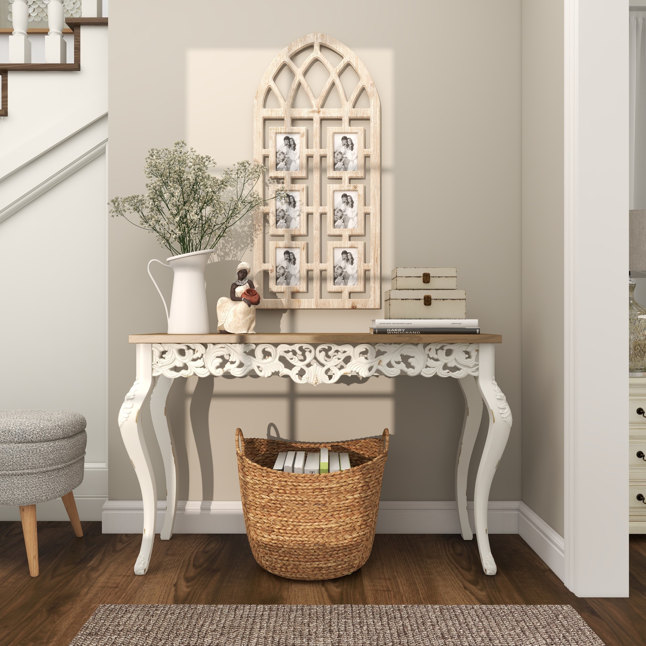DecMode Vintage Wood Window Arch Shape 6 Slot Wall Photo Frame with Light Brown/White Finish, 19"W x 41"H