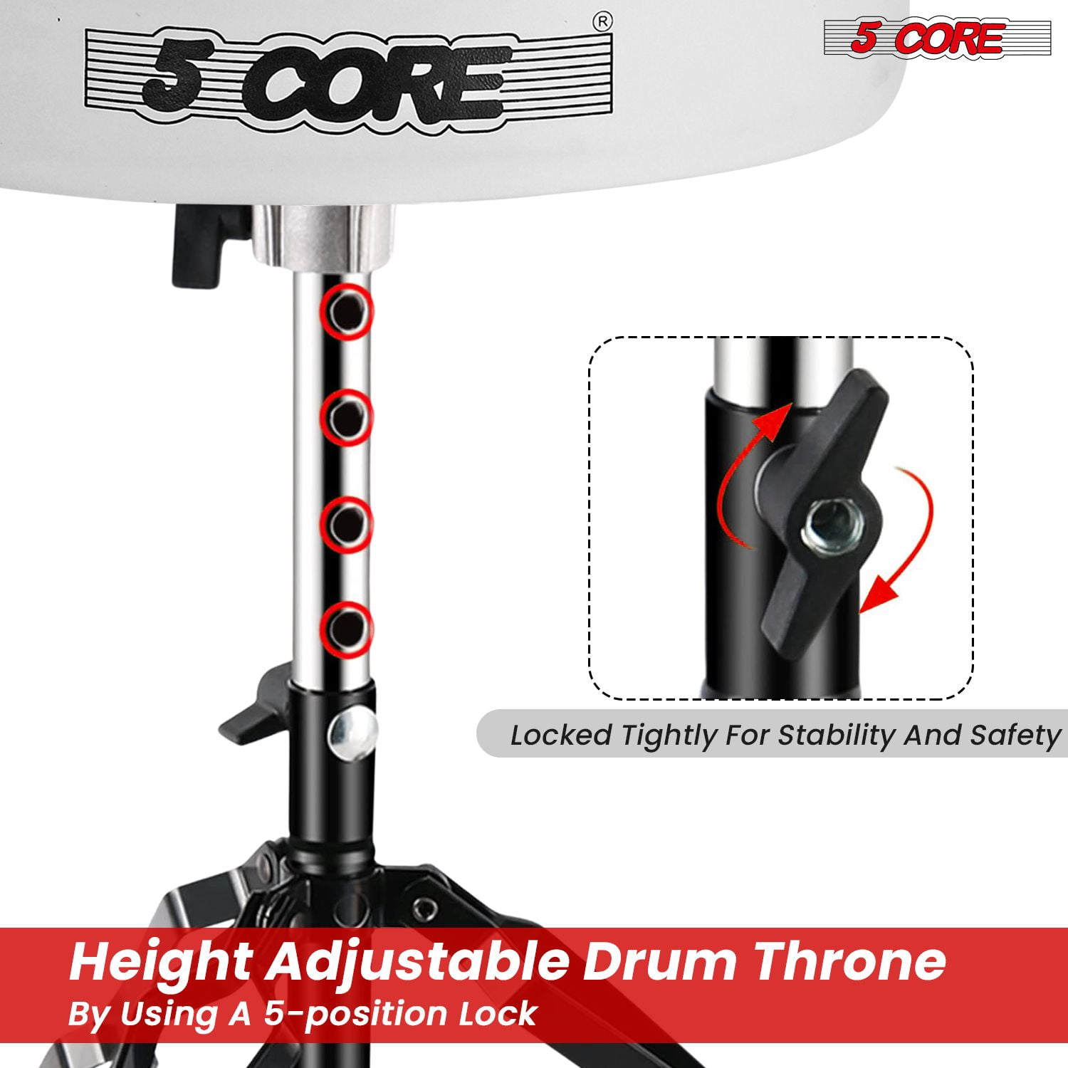 Drum Throne Padded Guitar Stool Height Adjustable Music Chair Seat Universal for Adults & Kids with Anti Slip Rubber Feet - DS BLKCH White