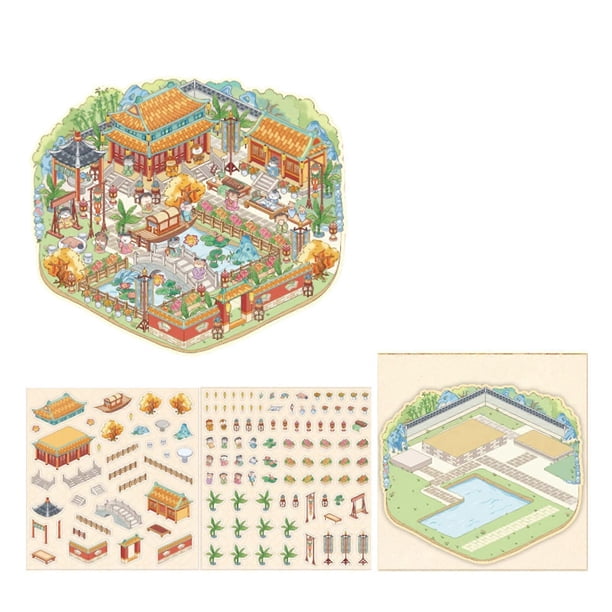 3D Scene Sticker Aesthetic Sticker Chinese Style Landscape Sticker Cats Hut Decorative Sticker for Kids Girls Boys