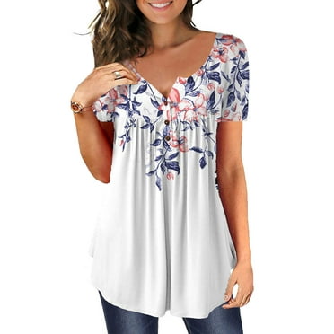 LoyisViDion Women Summer Printing Short Sleeves Tops O-Neck Loose T-Shirt Blouse Tops Clearance White XL