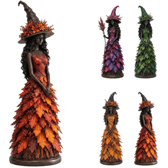 Enchanted Autumn Witch Figurine, Halloween Witch Statue | Fall Tabletop Decor, Witch Shelf Decoration for Mantel Fireplace Tiered Tray, Gothic Harvest Home Halloween Decor Gift Saffron 7.09in