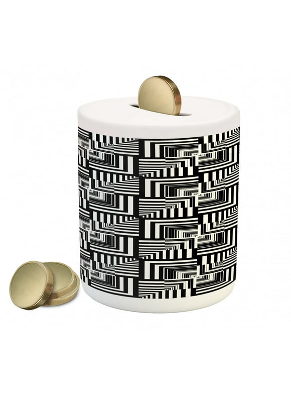 Black and White Piggy Bank, Geometric Op Art Pattern Unusual Checked Optical Illusion Effect Modern, Ceramic Coin Bank Money Box for Cash Saving, 3.6" X 3.2", Black White, by Ambesonne