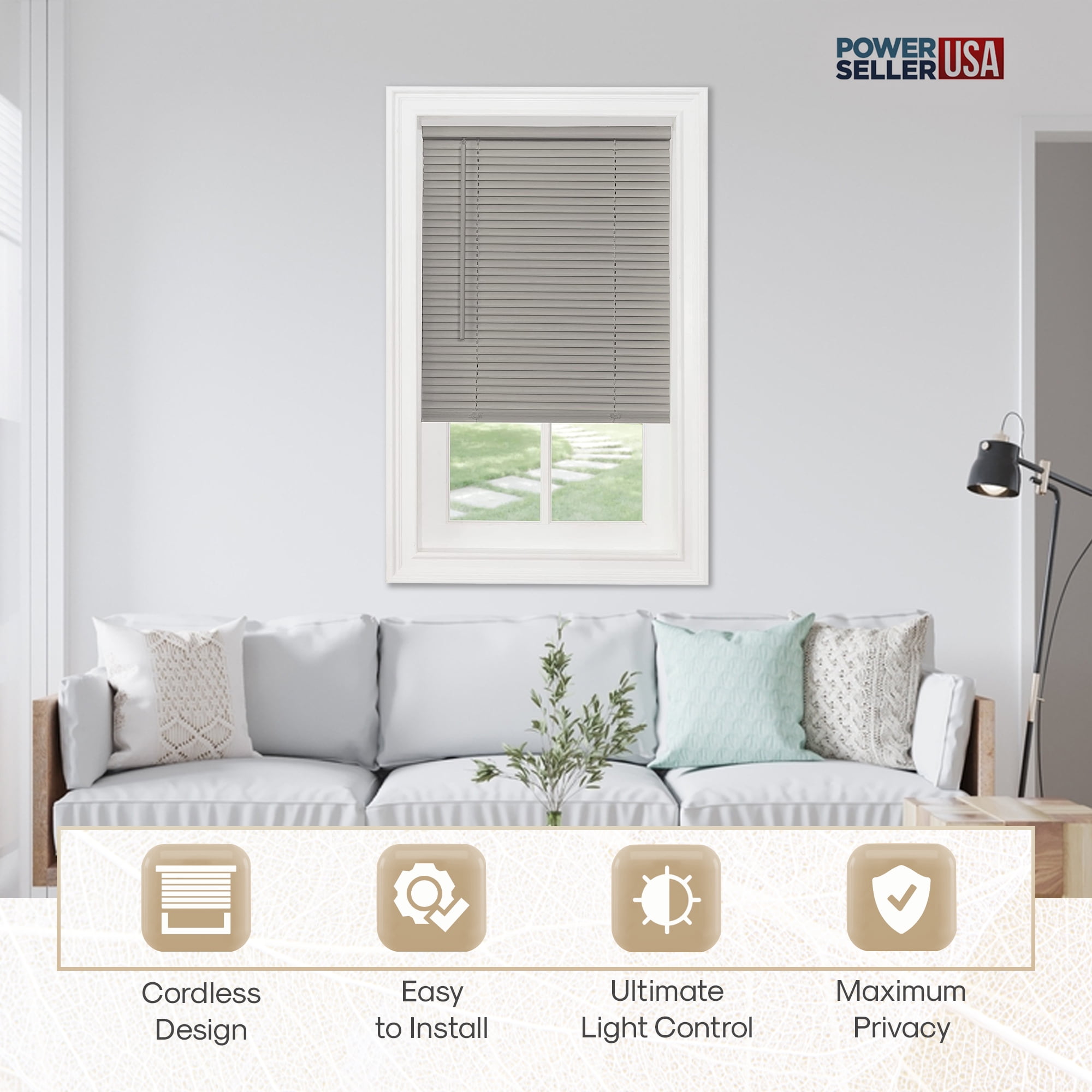 PowerSellerUSA 1" Slats Cordless Window Blinds, 72L x 31W Inches Solid Pattern Light Filtering Vinyl Indoor-Outside Ceiling Mount Mini Blind, Manual Cordless Rollup Window Privacy Blinds, Gray
